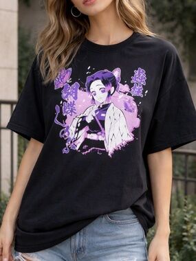 Black Graphic Short Sleeve Tee with Purple Anime Print